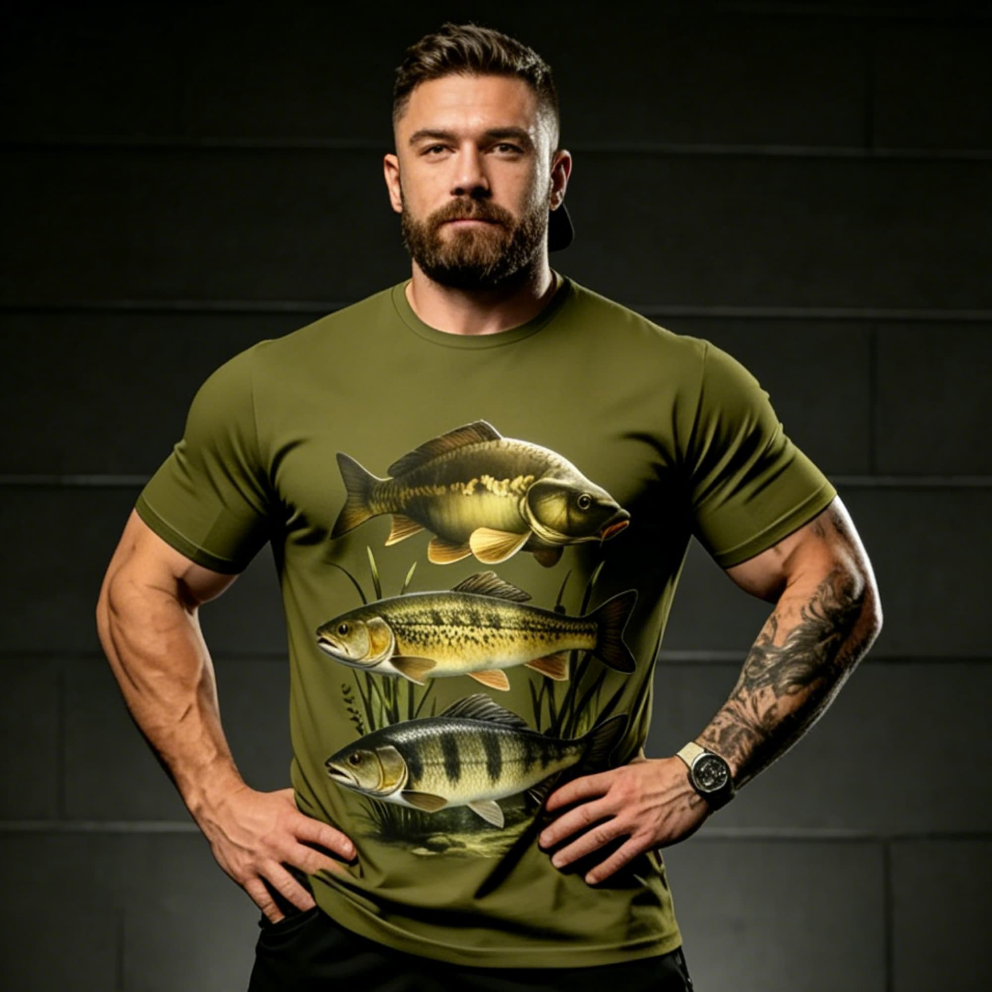 Us Aquatic Sports - Herren-T-Shirt mit Aufdruck „Männer, Armeegrün, Süßwasserfisch,